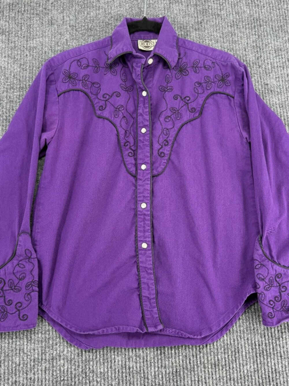Rods‎ Western Shirt Mens Medium Purple Embroidered Floral Long Sleeve Button Up